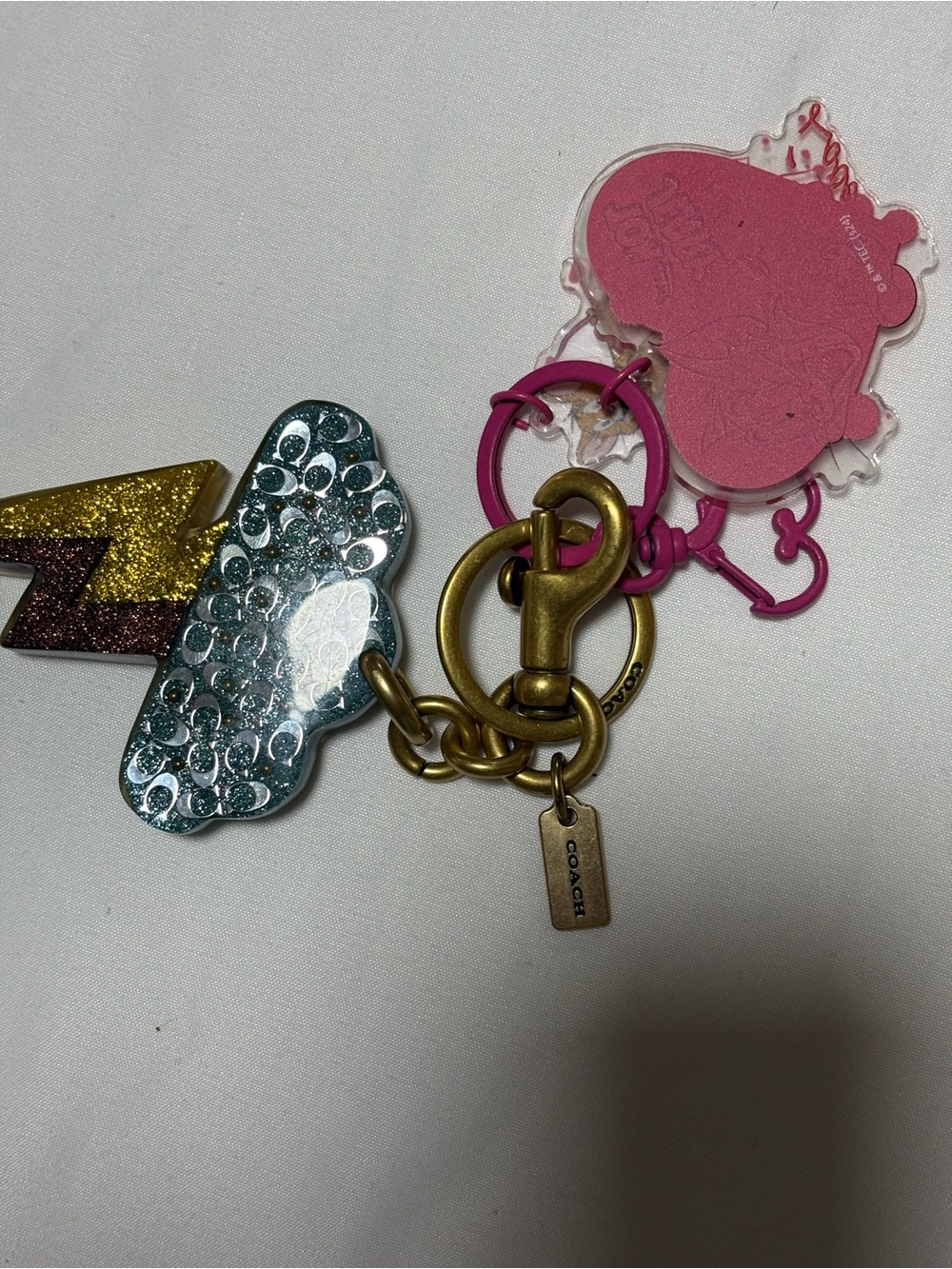 Coach Pink & Aqua Glitter Charm Key Ring with Gold Hardware